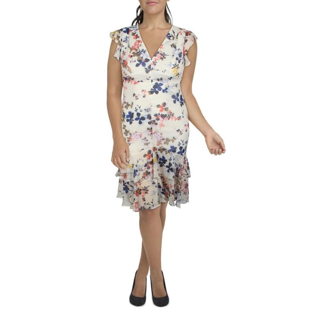 Tommy Hilfiger Cream Floral V-Neck Ruffle Midi Dress